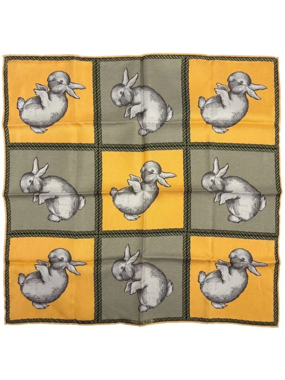 Hermes Rabbit Pattern Scarf Petit Carre Silk Yellow Green